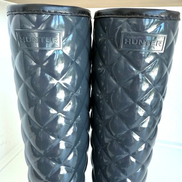 Hunter Gloss Quilted Tall Rain Boots Charcoal Rubber Waterproof 7 Women EUC - Picture 2 of 15
